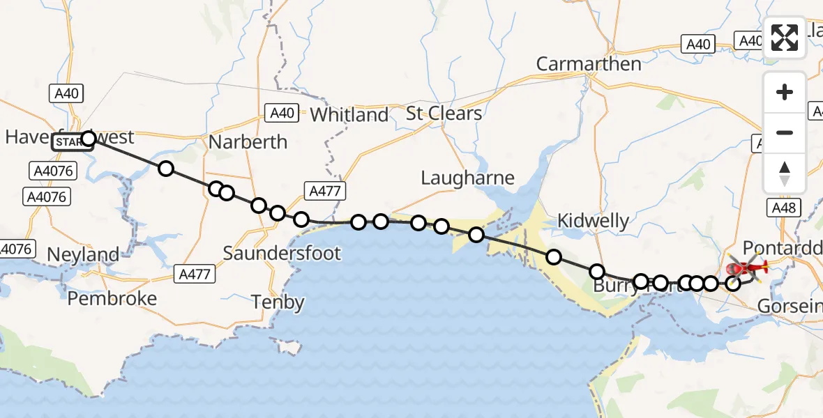 Flight route Air Ambulance Helicopter Haverfordwest - Dafen, 02 October 2026, 18:17