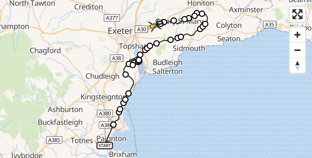 Flight route Police Helicopter Paignton - Rockbeare, 02 October 2026, 19:03