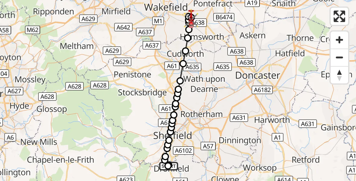 Flight route Air Ambulance Helicopter Dronfield - YAA Nostell Helicopter Port, 02 October 2026, 19:09