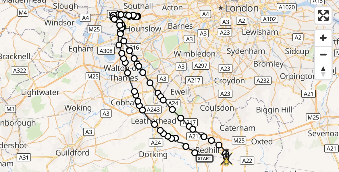 Flight route Police Helicopter Redhill - Tandridge, 02 October 2026, 19:11