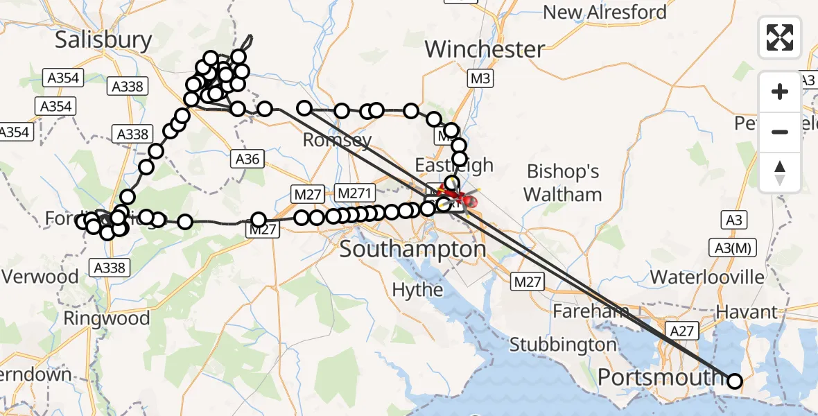 Flight route Air Ambulance Helicopter Southampton Airport - Eastleigh, 02 October 2026, 19:23