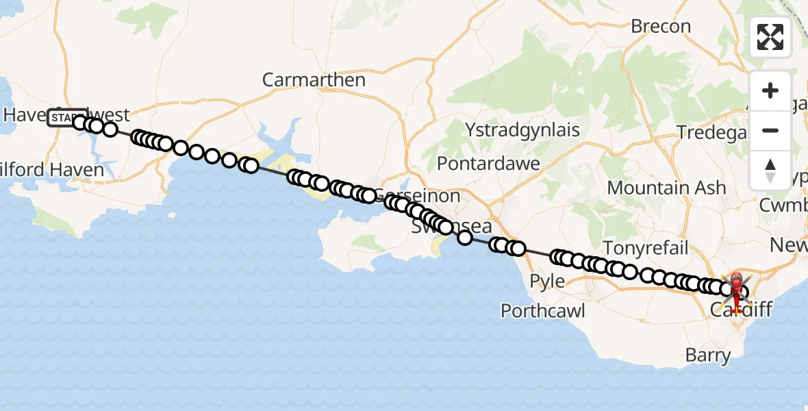 Flight route Air Ambulance Helicopter Haverfordwest - Birchgrove, 02 October 2026, 19:29