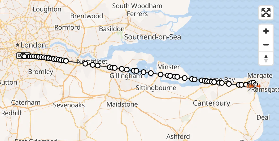 Flight route Coastguard Helicopter Kings College London Hospital - Manston Airport, 02 October 2026, 19:54