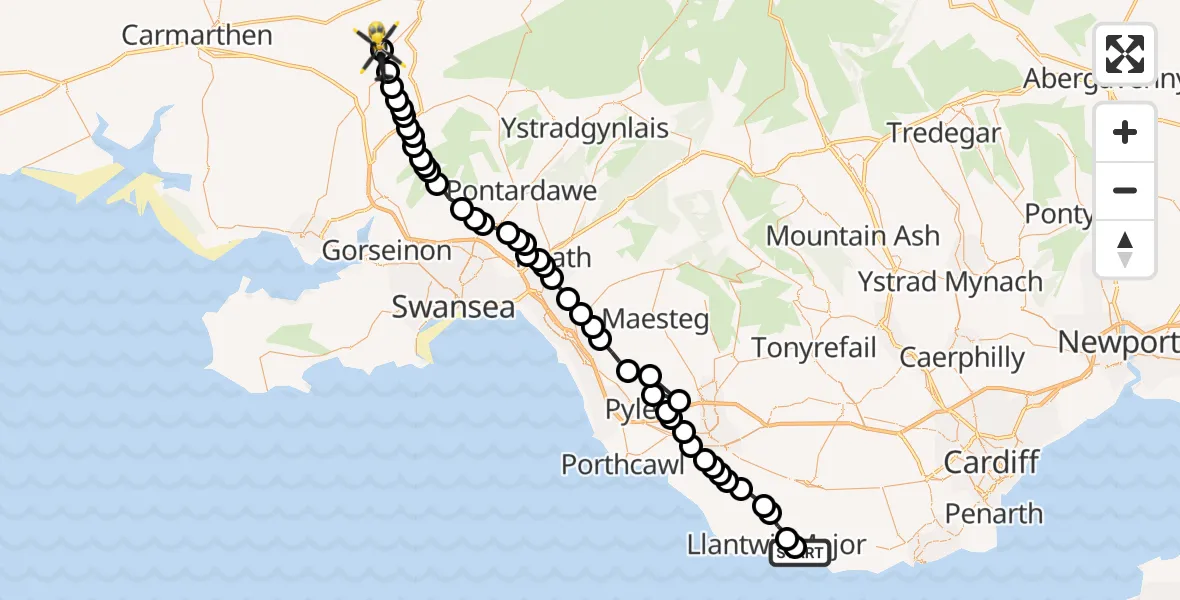 Flight route Police Helicopter MOD St Athan - Llanfihangel Aberbythych, 02 October 2026, 20:28
