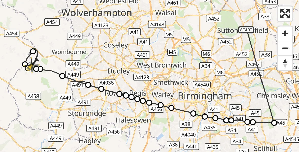 Flight route Police Helicopter Sutton Coldfield - Wolverhampton Halfpenny Green Airport, 02 October 2026, 21:27