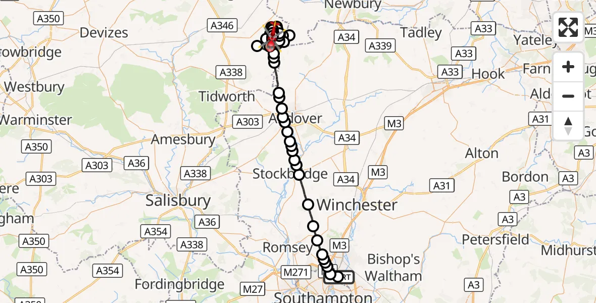 Flight route Air Ambulance Helicopter Southampton Airport - Rivar Hill Glider Field, 02 October 2026, 21:43