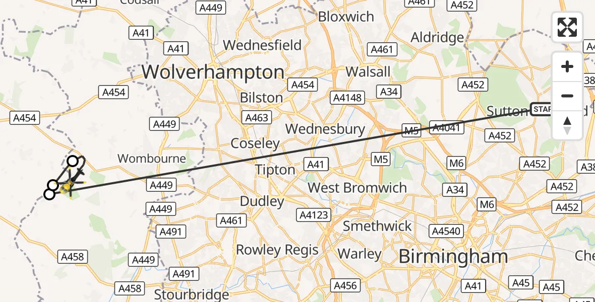 Flight route Police Helicopter Sutton Coldfield - Bobbington, 02 October 2026, 21:45