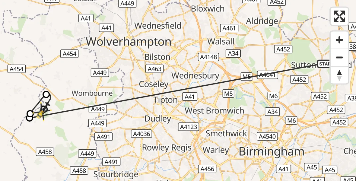 Flight route Police Helicopter Sutton Coldfield - Wolverhampton Halfpenny Green Airport, 02 October 2026, 21:52