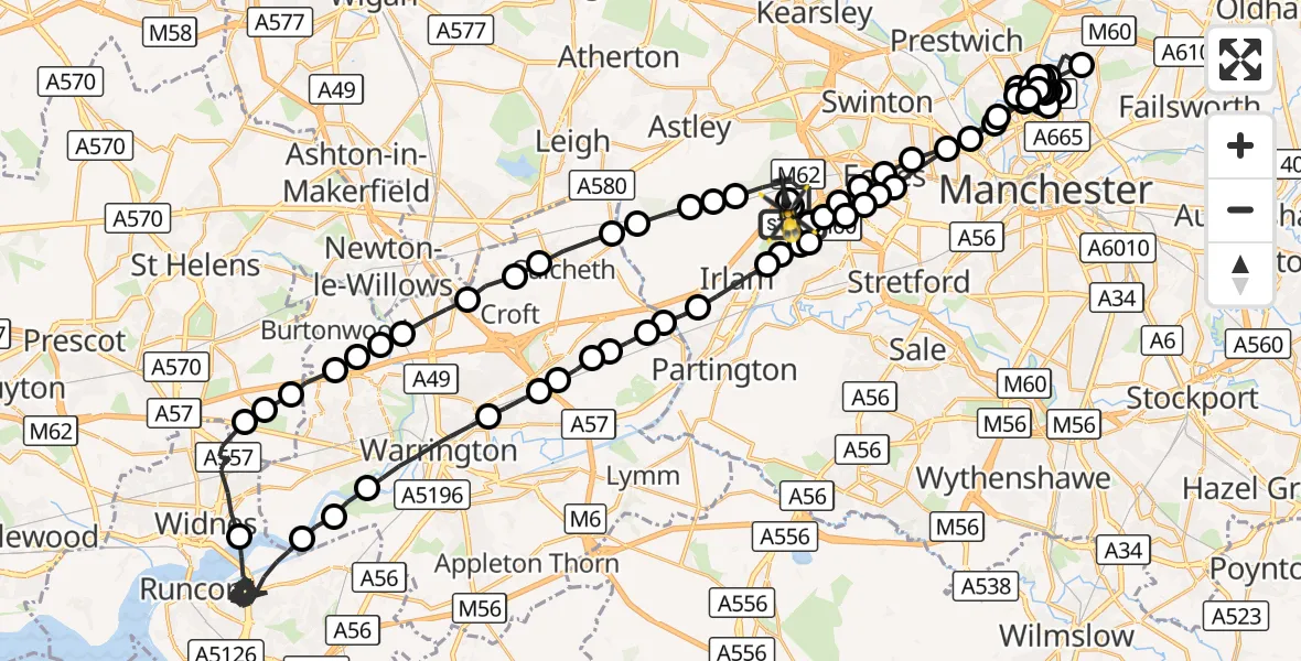 Flight route Police Helicopter Manchester Barton Aerodrome - Irlam, 02 October 2026, 21:54