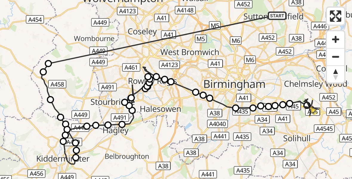 Flight route Police Helicopter Sutton Coldfield - Birmingham Airport, 02 October 2026, 21:55