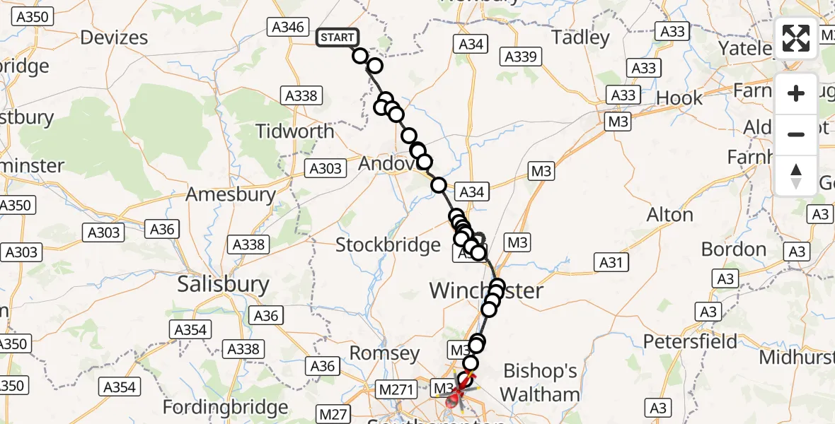 Flight route Air Ambulance Helicopter Great Bedwyn - Southampton Airport, 02 October 2026, 22:25