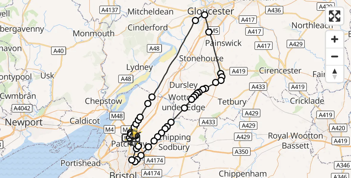 Flight route Police Helicopter Almondsbury Helicopter Base - Almondsbury Helicopter Base, 02 October 2026, 22:33