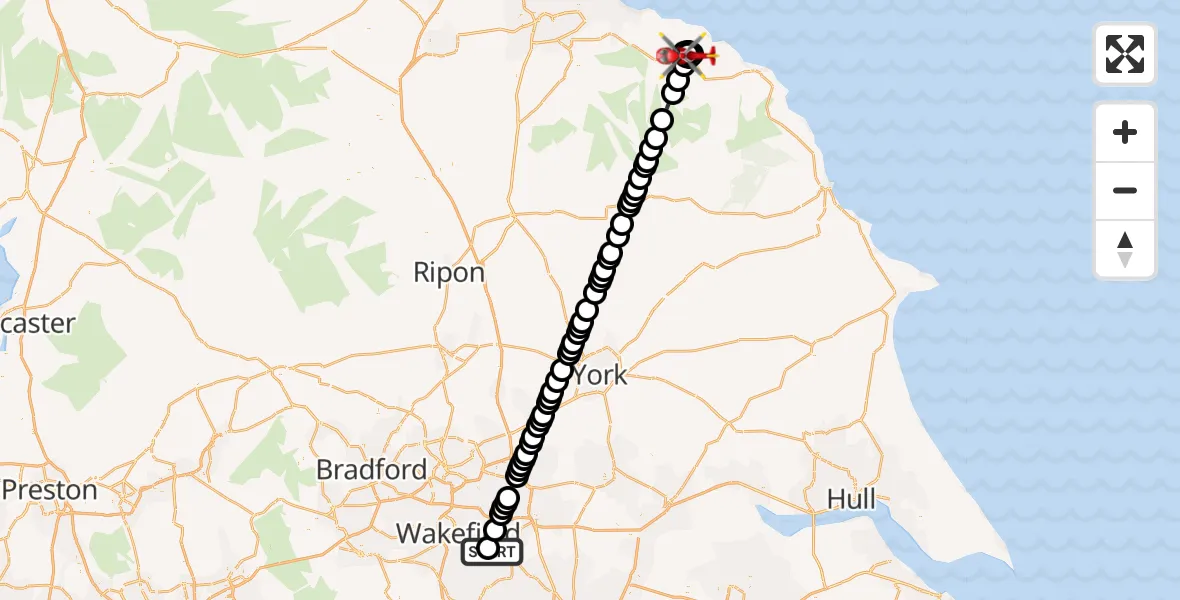 Flight route Air Ambulance Helicopter YAA Nostell Helicopter Port - Ugthorpe, 02 October 2026, 23:30
