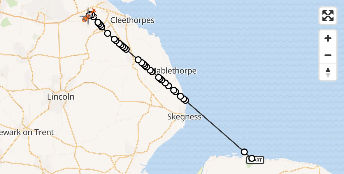 Flight route Coastguard Helicopter Wells-Next-the-Sea - Humberside Airport, 02 October 2026, 23:39
