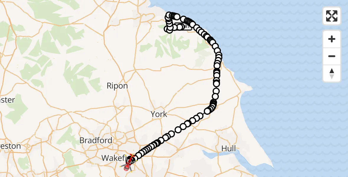 Flight route Air Ambulance Helicopter Ugthorpe - YAA Nostell Helicopter Port, 03 October 2026, 00:45