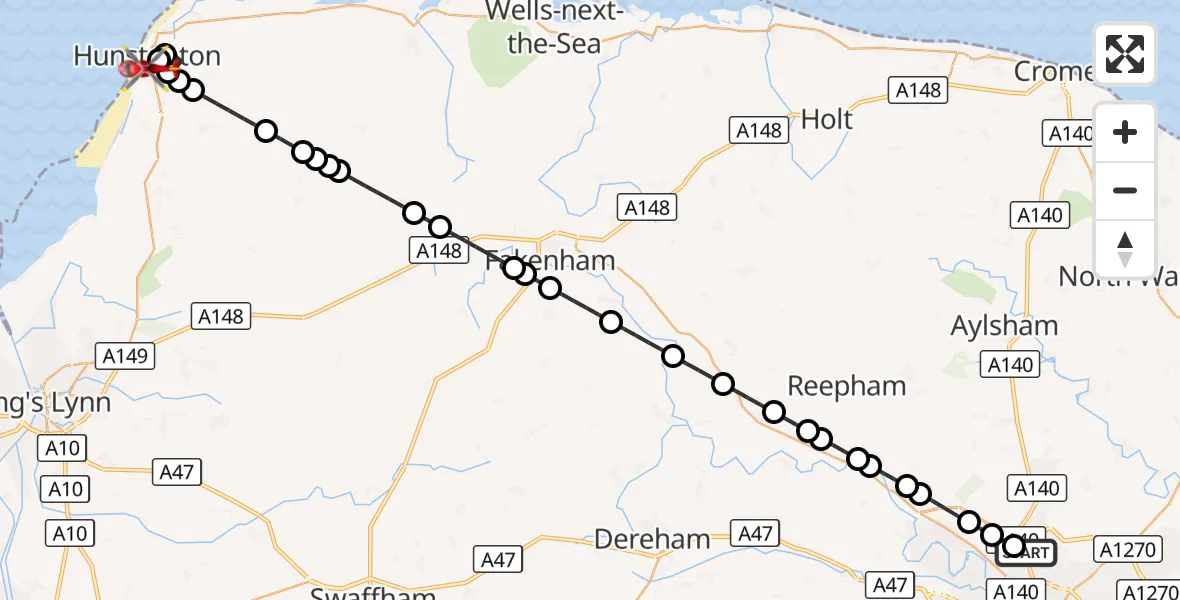 Flight route Air Ambulance Helicopter Norwich Airport - King's Lynn and West Norfolk, 03 October 2026, 01:10