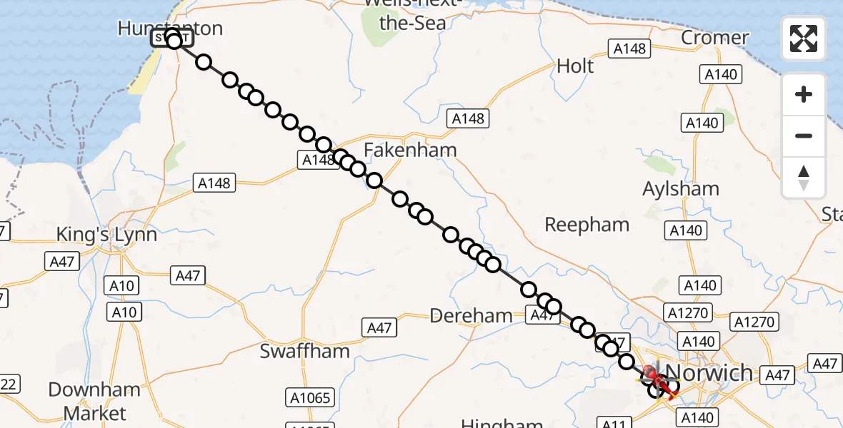 Flight route Air Ambulance Helicopter Hunstanton - Norfolk & Norwich Hospital, 03 October 2026, 02:38
