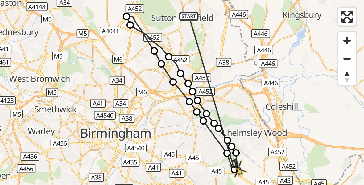 Flight route Police Helicopter Sutton Coldfield - Sheldon, 03 October 2026, 03:25