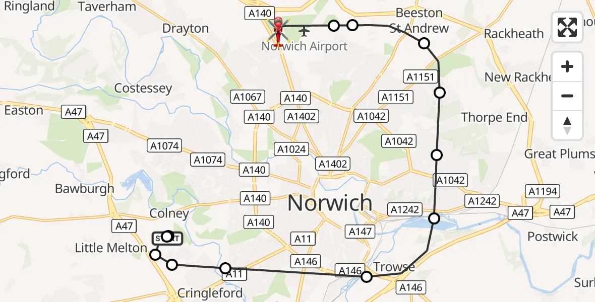 Flight route Air Ambulance Helicopter Norfolk & Norwich Hospital - Norwich Airport, 03 October 2026, 03:47