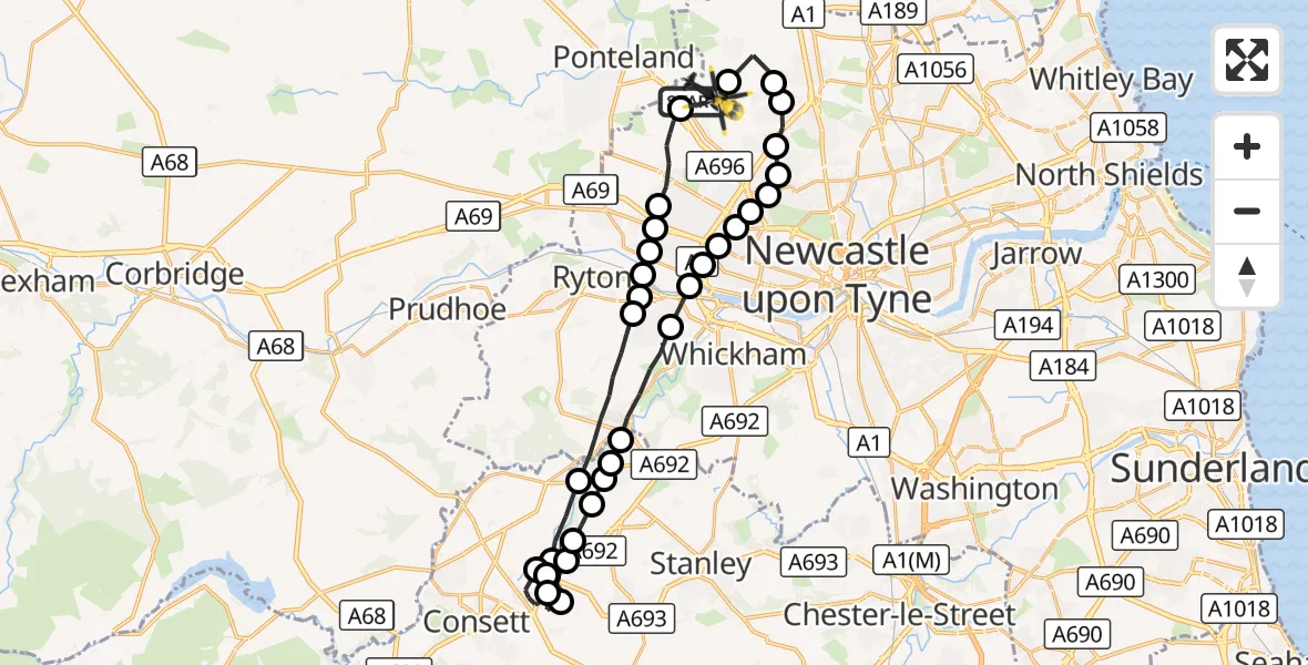 Flight route Police Helicopter Newcastle International Airport - Woolsington, 03 October 2026, 04:29