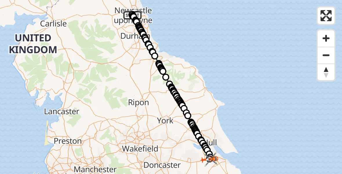 Flight route Coastguard Helicopter Newcastle Royal Victoria Infirmary - Humberside Airport, 03 October 2026, 04:56