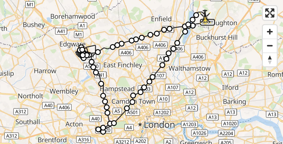 Flight route Police Helicopter Sewardstonebury - Metropolitan Police Air Support Unit Lippitts Hill, 03 October 2026, 05:01