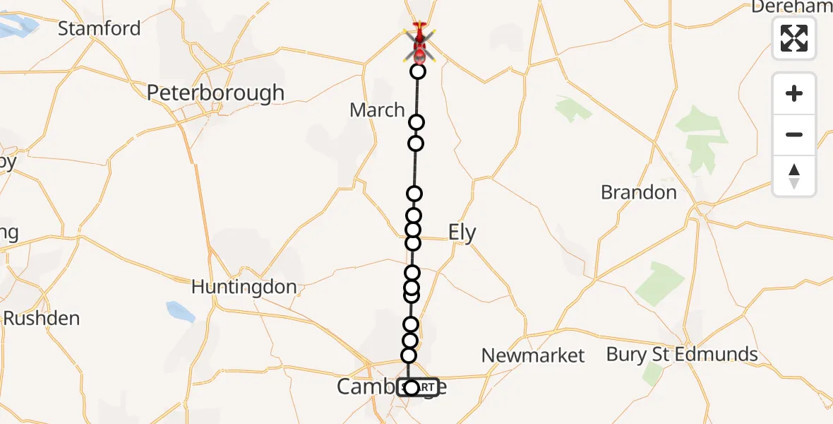 Flight route Air Ambulance Helicopter Cambridge City Airport - Elm, 03 October 2026, 06:20