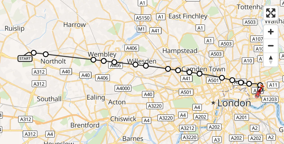 Flight route Air Ambulance Helicopter RAF Northolt - Royal London Hospital, 03 October 2026, 06:54