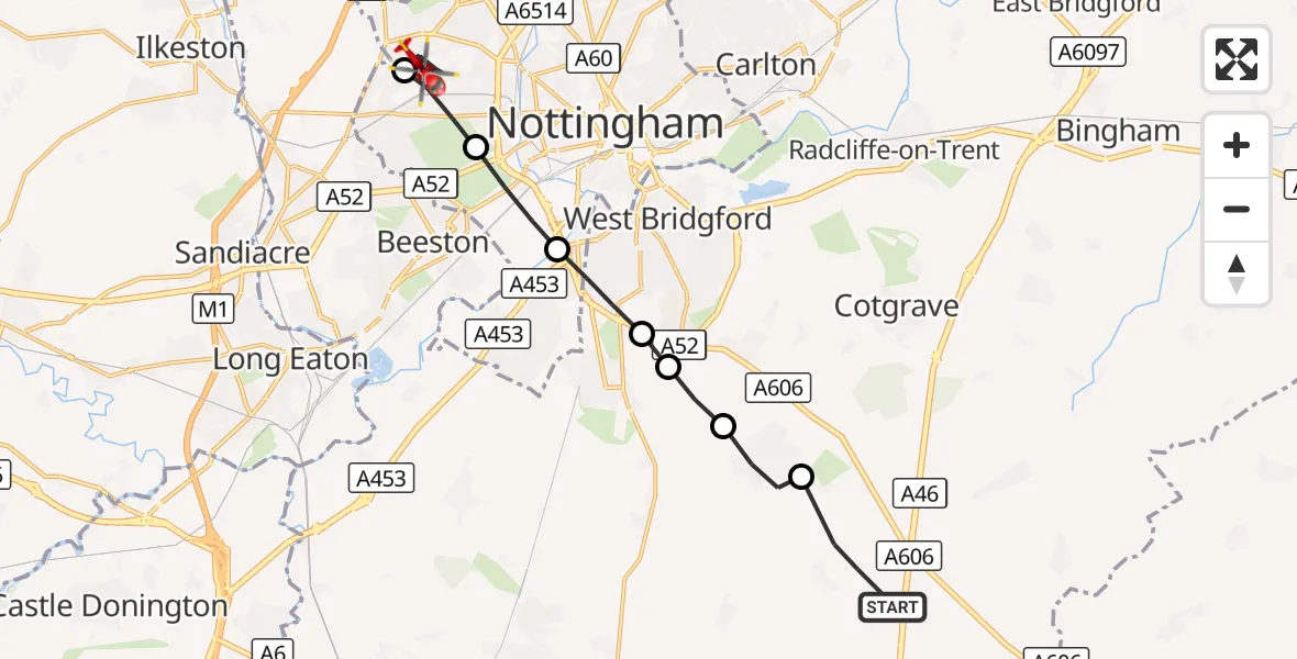 Flight route Air Ambulance Helicopter Widmerpool - City of Nottingham, 03 October 2026, 06:55