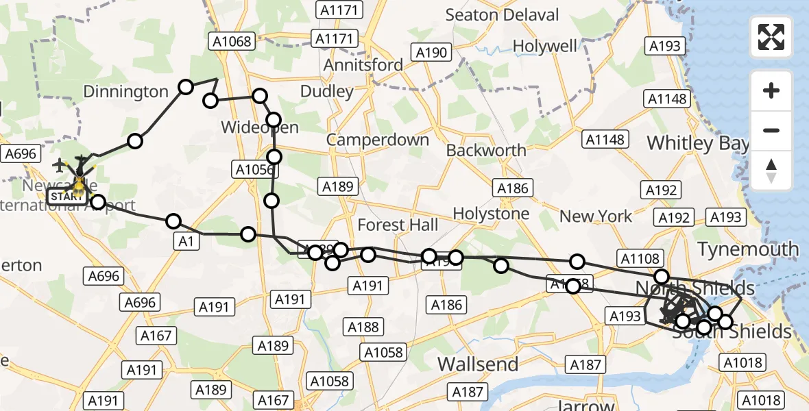 Flight route Police Helicopter Newcastle International Airport - Newcastle International Airport, 03 October 2026, 07:03