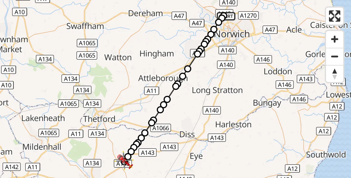 Flight route Air Ambulance Helicopter Norwich Airport - Ixworth, 03 October 2026, 07:05