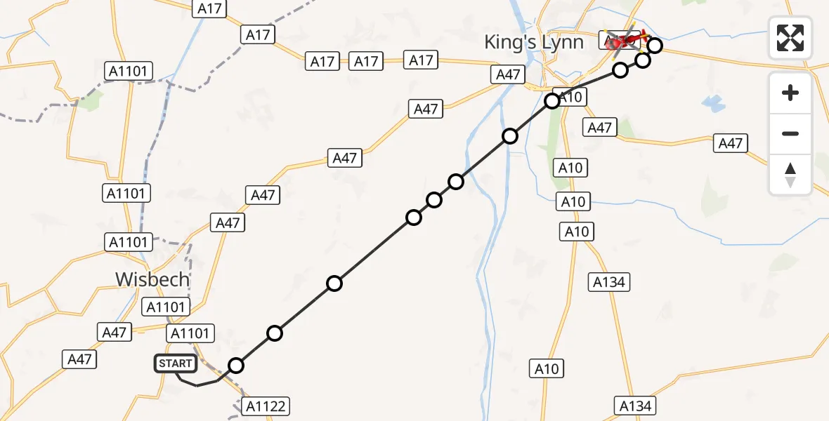 Flight route Air Ambulance Helicopter Elm - King's Lynn and West Norfolk, 03 October 2026, 07:10