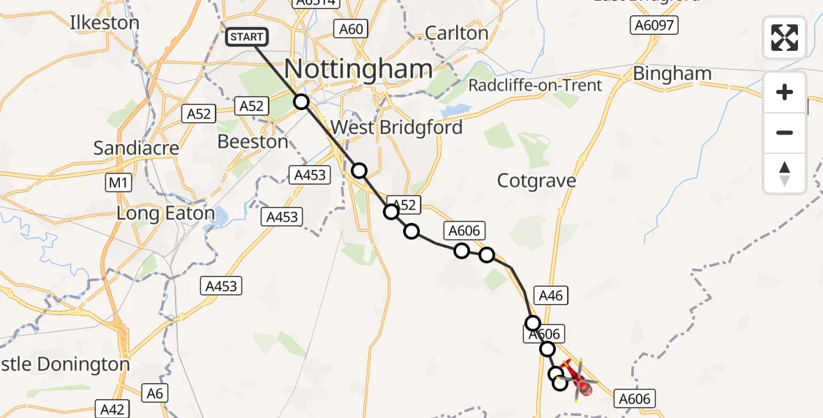 Flight route Air Ambulance Helicopter Wollaton - Hickling, 03 October 2026, 07:26