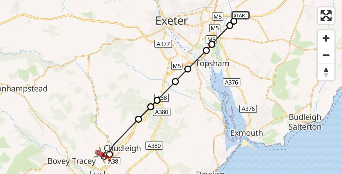 Flight route Air Ambulance Helicopter Exeter International Airport - Finlake, 03 October 2026, 08:12