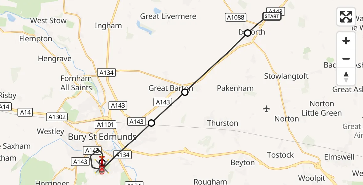 Flight route Air Ambulance Helicopter Ixworth - West Suffolk Hospital, 03 October 2026, 08:17