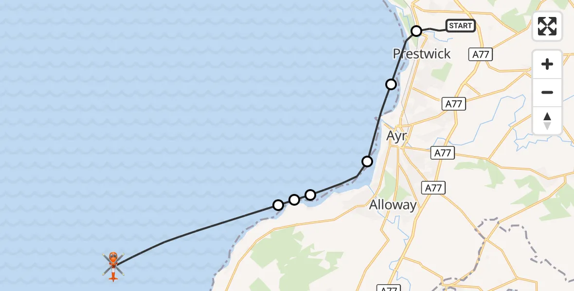 Flight route Coastguard Helicopter Glasgow Prestwick Airport - Inner Seas, 03 October 2026, 08:50