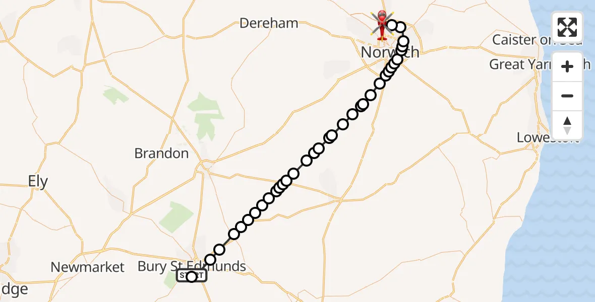 Flight route Air Ambulance Helicopter West Suffolk Hospital - Norwich Airport, 03 October 2026, 09:09