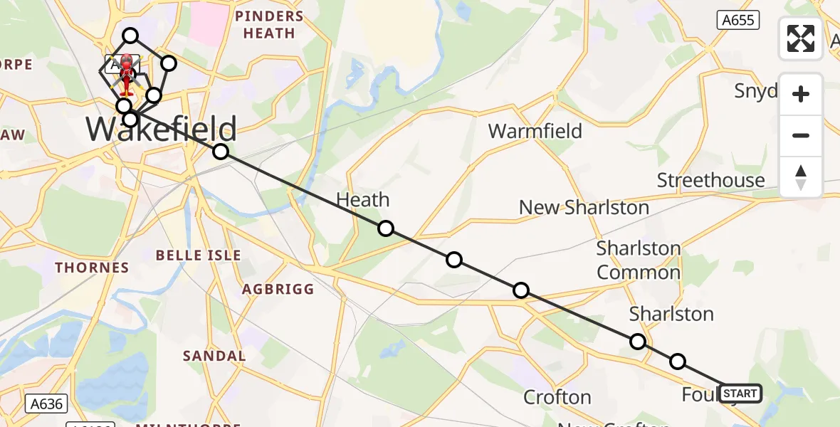 Flight route Air Ambulance Helicopter YAA Nostell Helicopter Port - Eastmoor, 03 October 2026, 09:12