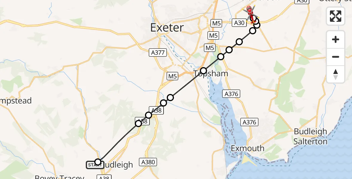 Flight route Air Ambulance Helicopter Finlake - Exeter International Airport, 03 October 2026, 09:18