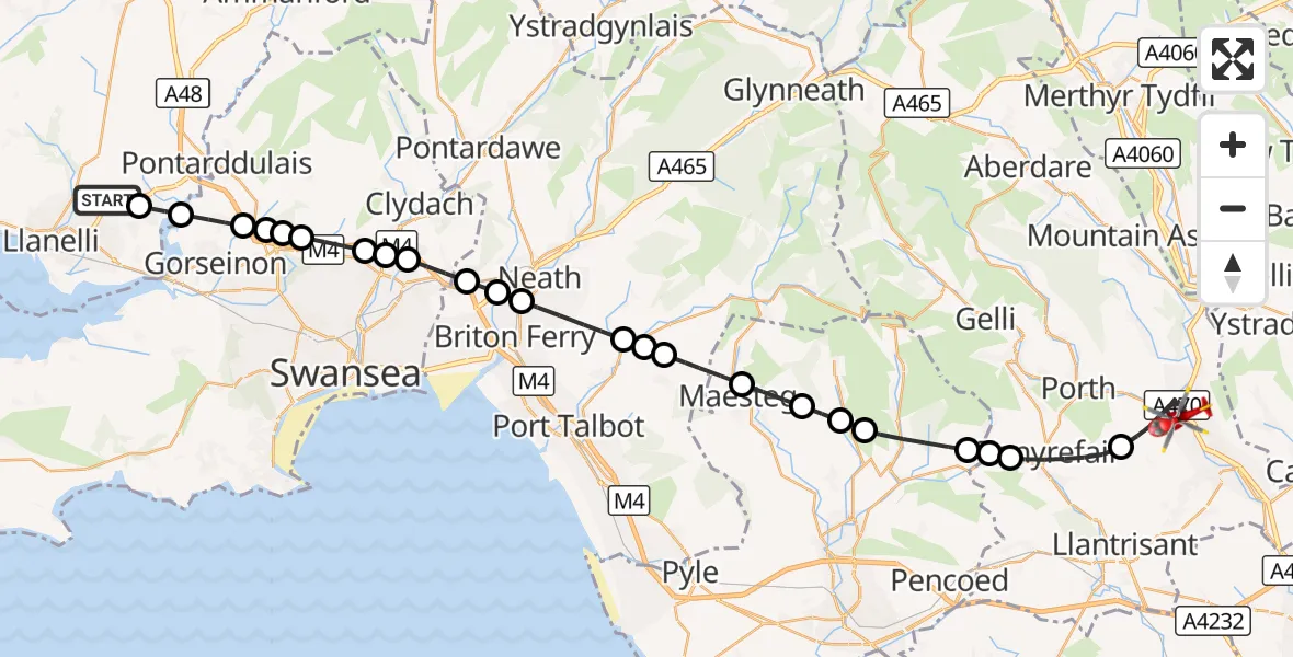 Flight route Air Ambulance Helicopter Dafen - Pontypridd, 03 October 2026, 09:23