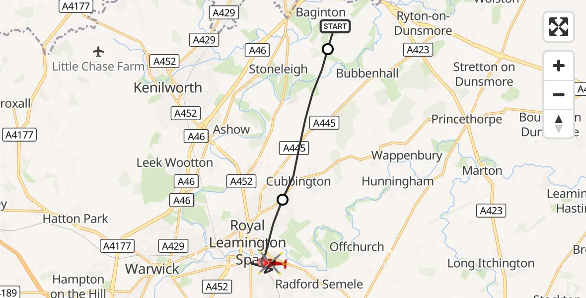 Flight route Air Ambulance Helicopter Coventry Airport - Royal Leamington Spa, 03 October 2026, 09:30