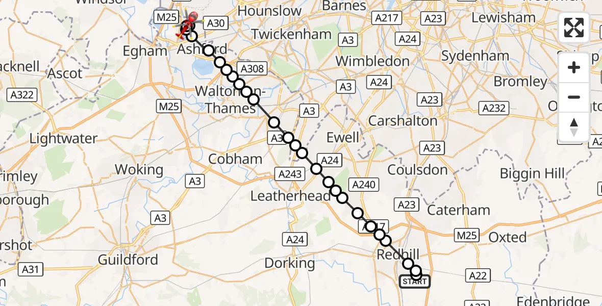 Flight route Air Ambulance Helicopter Redhill Aerodrome - Stanwell, 03 October 2026, 09:30