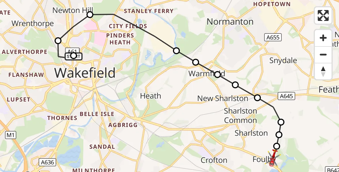 Flight route Air Ambulance Helicopter Stanley - YAA Nostell Helicopter Port, 03 October 2026, 09:38