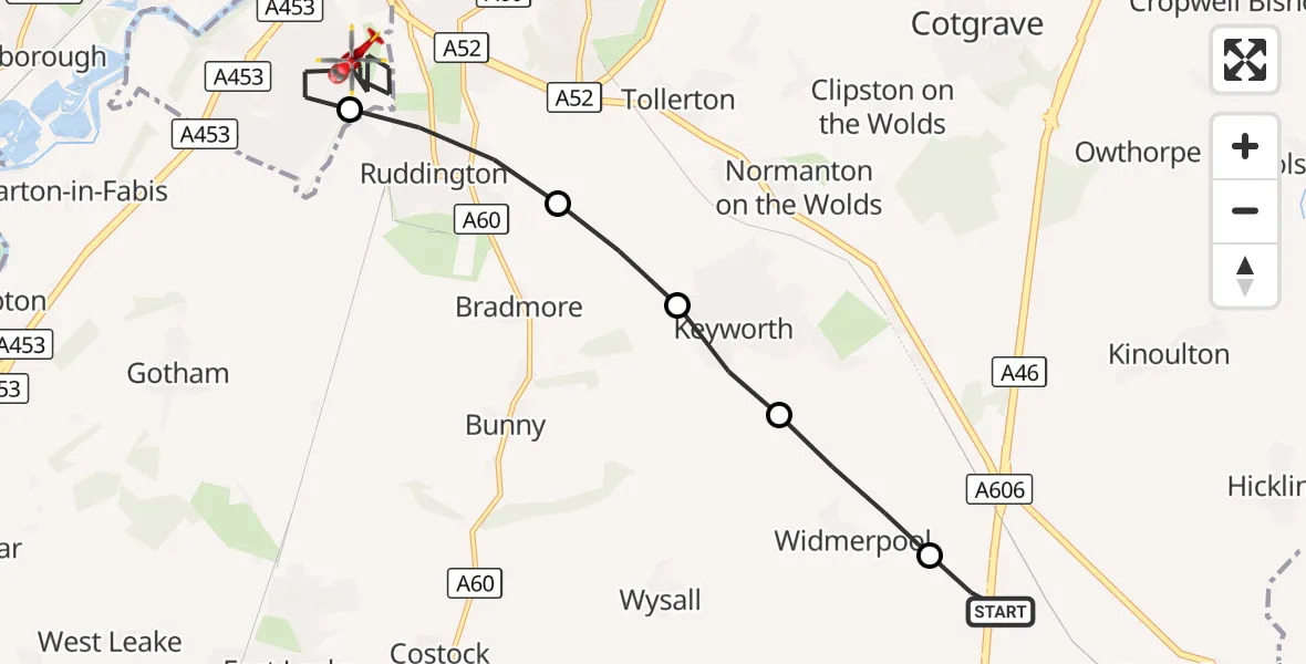 Flight route Air Ambulance Helicopter Nottingham Heliport - City of Nottingham, 03 October 2026, 09:56