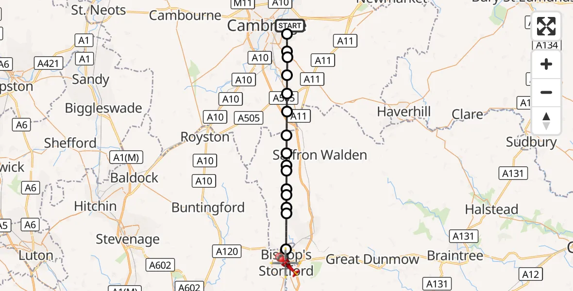 Flight route Air Ambulance Helicopter Cambridge City Airport - Bishop's Stortford, 03 October 2026, 09:57