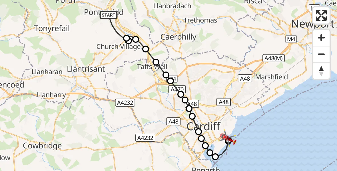 Flight route Air Ambulance Helicopter Pontypridd - Cardiff Heliport, 03 October 2026, 10:26