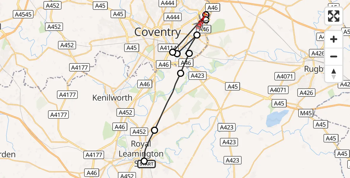 Flight route Air Ambulance Helicopter Royal Leamington Spa - Rugby, 03 October 2026, 10:29