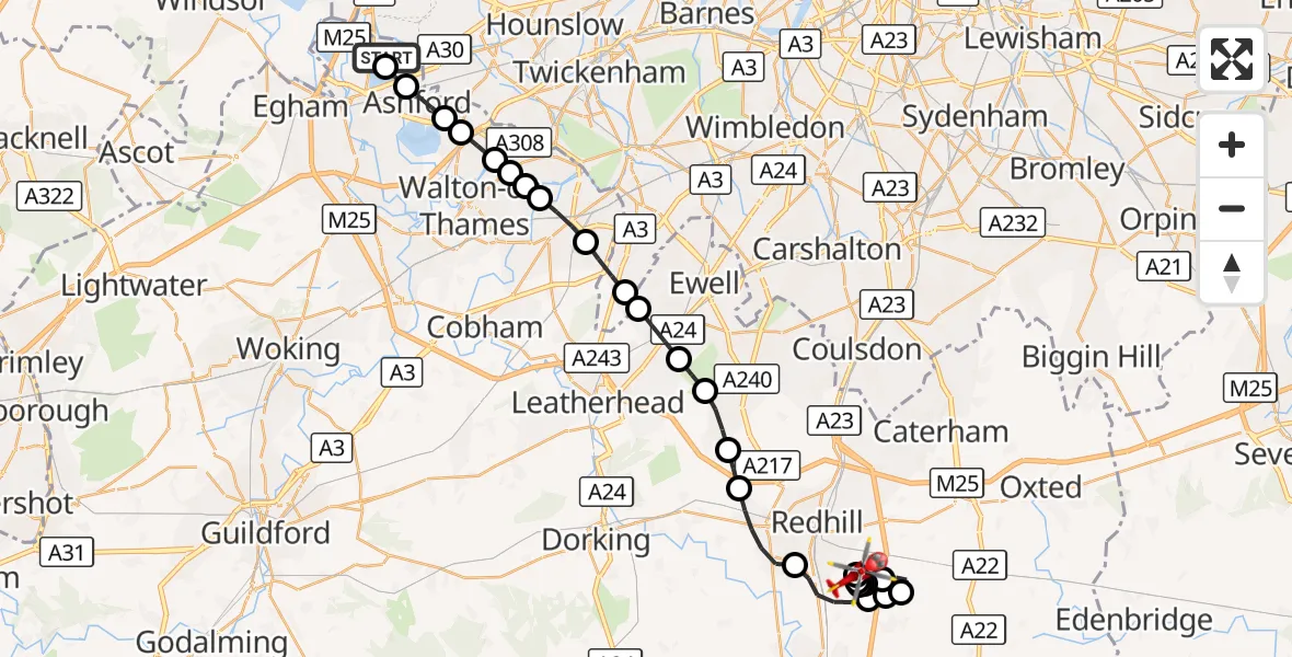 Flight route Air Ambulance Helicopter Stanwell - Tandridge, 03 October 2026, 10:32
