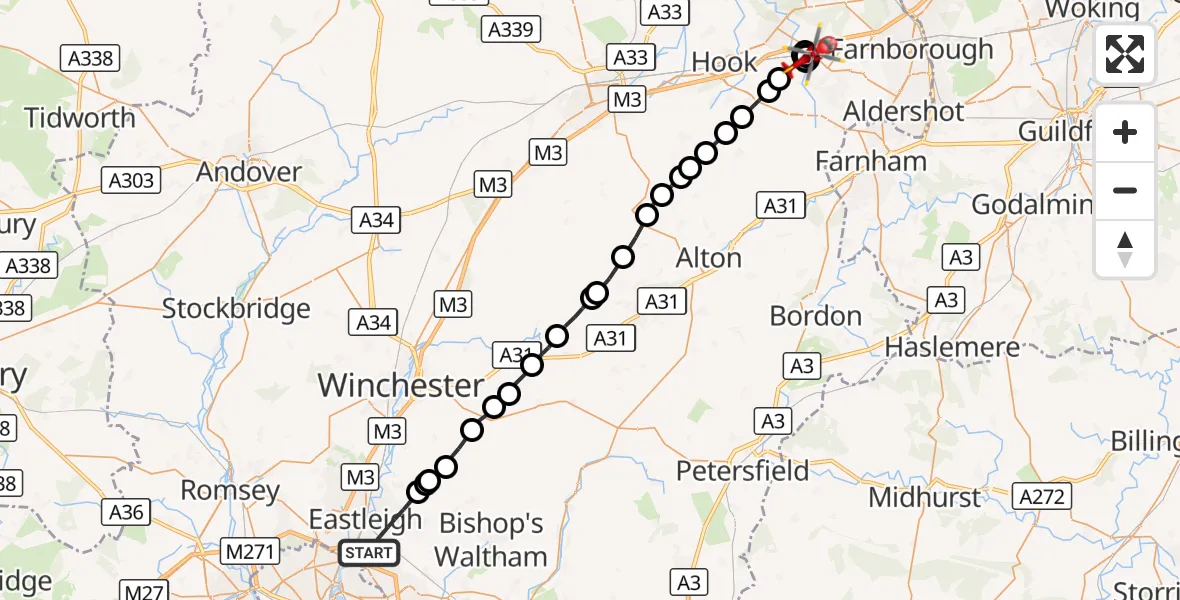 Flight route Air Ambulance Helicopter Eastleigh - Fleet, 03 October 2026, 10:56