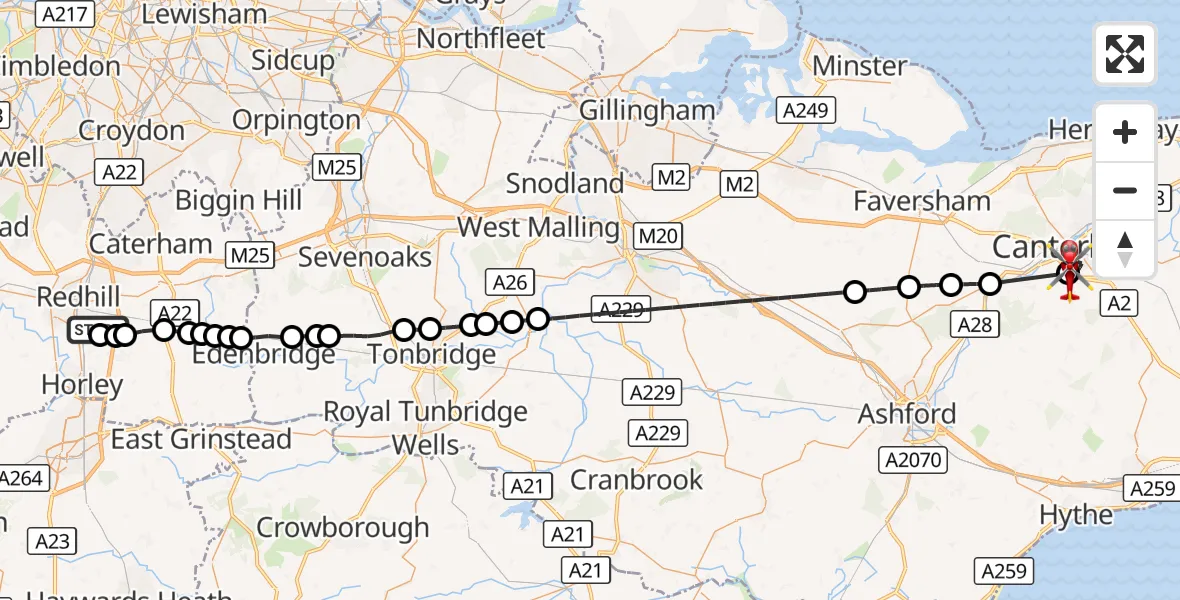 Flight route Air Ambulance Helicopter Redhill Aerodrome - Canterbury, 03 October 2026, 10:57